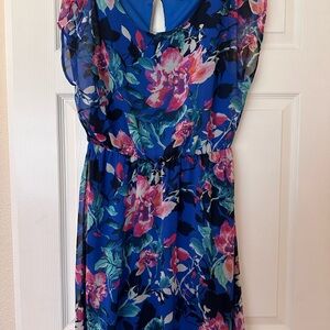 Everly Blue Floral Mini Dress with Pink & Green Accents